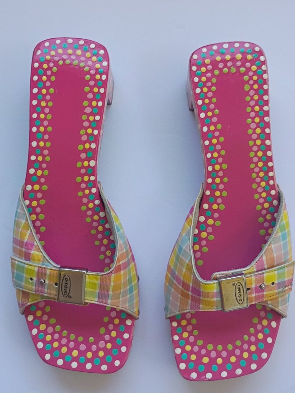 VINTAGE Painted Dr Scholl’s Original Wood Sandals Art Hand Painted Dots Size 7